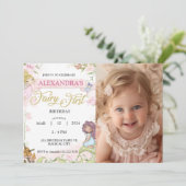 Fairy 1. Geburtstag Girl Foto Forest Einladung (Stehend Vorderseite)