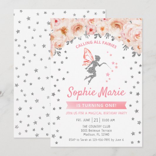 Fairy 1. Geburtstag - Silberrosa Einladung (Vorne/Hinten)