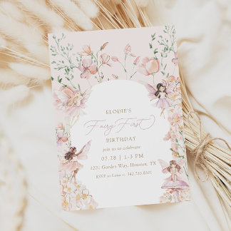 Fairy 1. Pink Floral Girls Geburtstag Einladung
