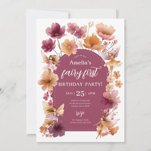 Fairy 1st Birthday Fairy Fall Burgundy Orange Einladung (Vorderseite)