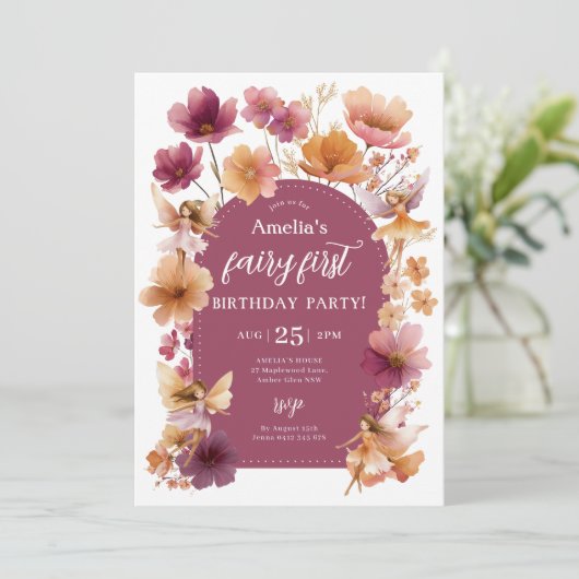 Fairy 1st Birthday Fairy Fall Burgundy Orange Einladung (Stehend Vorderseite)