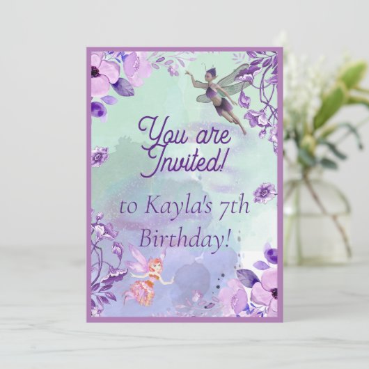 Fairy 7th Birthday Wasserfarbe Lila Einladung (Stehend Vorderseite)