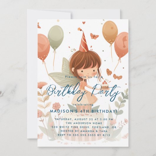 Fairy and Balloons Kindergeburtstag Party Einladung (Vorderseite)