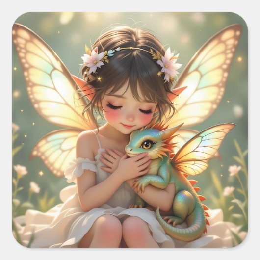 Fairy and Dragon | Chibi Anime Fairy Tale Quadratischer Aufkleber (Vorderseite)