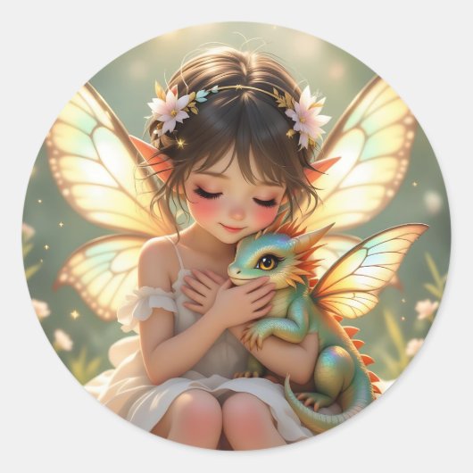 Fairy and Dragon | Chibi Anime Fairy Tale Runder Aufkleber (Vorderseite)