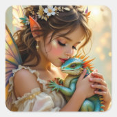 Fairy and Dragon Mystical Girl's Quadratischer Aufkleber (Vorderseite)