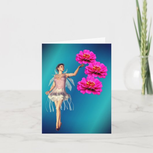 Fairy And Pink Zinnia Flower Fantasy Note Karte (Vorderseite)