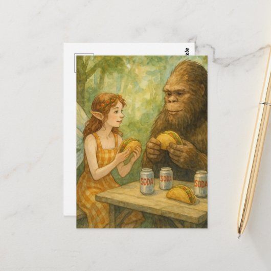 Fairy and Sasquatch Eating Tacos Postkarte (Vorderseite/Rückseite Beispiel)