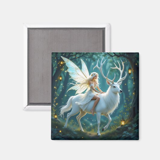 Fairy and White Deer Magical Forest Magnet (Vorderseite/Rückseite)