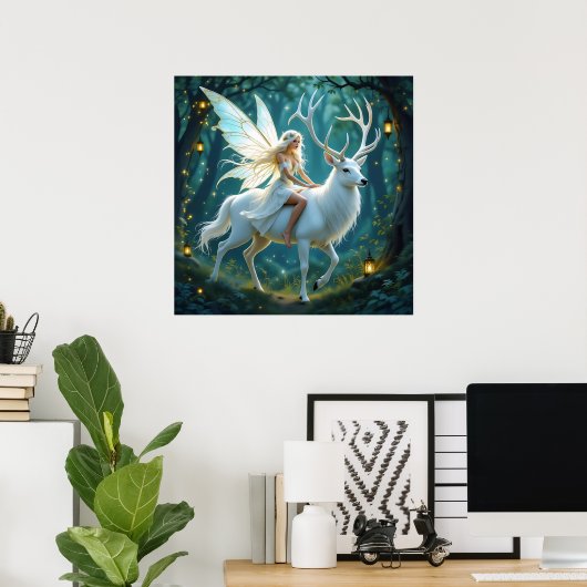 Fairy and White Deer Magical Forest Poster (Heimbüro)