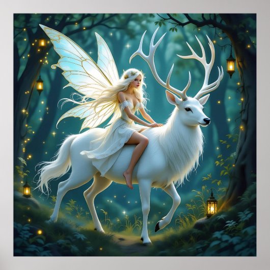 Fairy and White Deer Magical Forest Poster (Vorne)