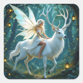 Fairy and White Deer Magical Forest Quadratischer Aufkleber