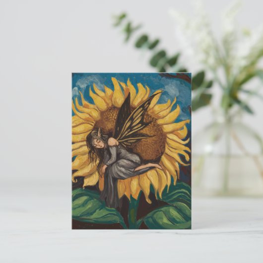 Fairy Asleep auf einem Sonnenblumengemälde Postkarte (Stehend Vorderseite)