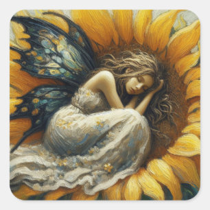 Fairy Asleep auf einer Sonnenblume Quadratischer Aufkleber
