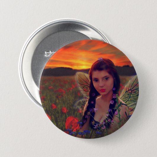 Fairy at Sunset in a field of poppies Fantasy Art Button (Vorne & Hinten)
