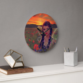 Fairy at Sunset in a field of poppies Fantasy Art Große Wanduhr