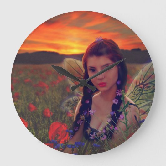 Fairy at Sunset in a field of poppies Fantasy Art Große Wanduhr (Vorderseite)