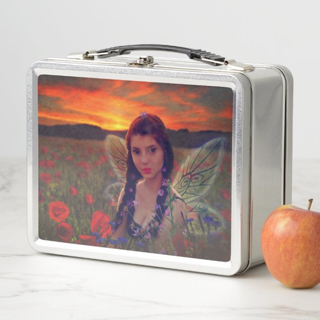 Fairy at Sunset in a field of poppies Fantasy Art Metall Brotdose (Beispiel)