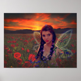 Fairy at Sunset in a field of poppies Fantasy Art Poster