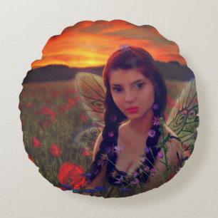 Fairy at Sunset in a field of poppies Fantasy Art Rundes Kissen
