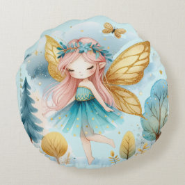 Fairy Birthday Aquamarin Gold Pink Princess Mairyt Rundes Kissen