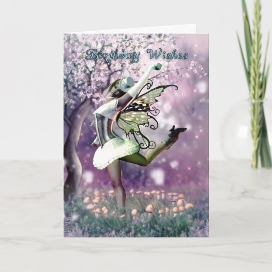 fairy birthday card , dancing fairy in mushrooms karte (Vorderseite)