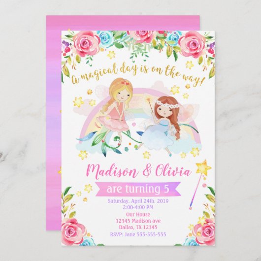 Fairy Birthday Einladung / Joint Twins Party (Vorne/Hinten)