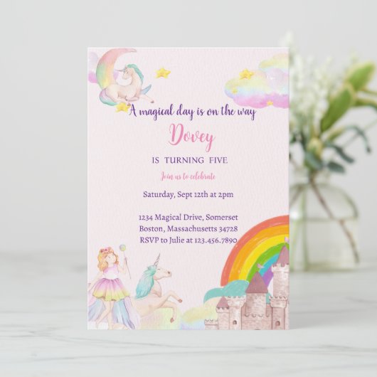 Fairy Birthday Einladung Rainbow Unicorn Party (Stehend Vorderseite)