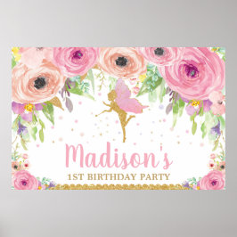 Fairy Birthday Party Backbanner Pink Floral Poster