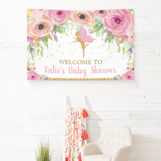 Fairy Birthday Party Pink Floral Willkommen Hinter Banner (InSitu)