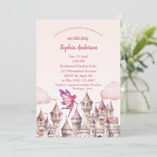 Fairy Castle Girl Baby Dusche Einladungskarte Einladung (Stehend Vorderseite)