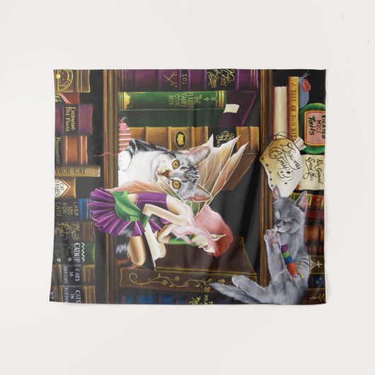 Fairy Cats Books Library Fantasy Wandteppich (Vorderseite (Horizontal))