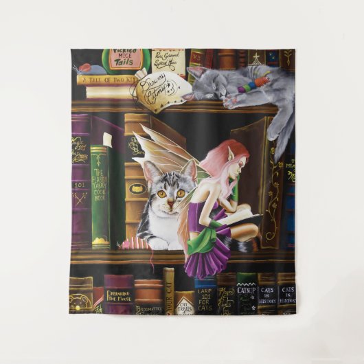 Fairy Cats Books Library Fantasy Wandteppich (Vorderseite)