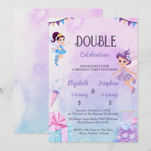 Fairy Double Birthday Party For Girls Einladung (Vorne/Hinten)