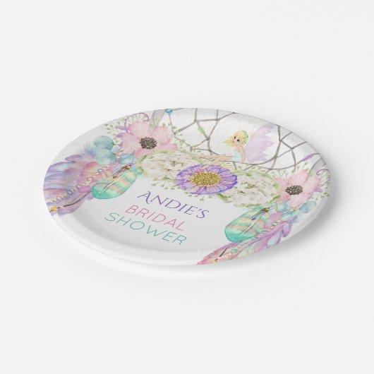 Fairy Dream Catcher Boho Feathers Crystals Pappteller (Schrägansicht)