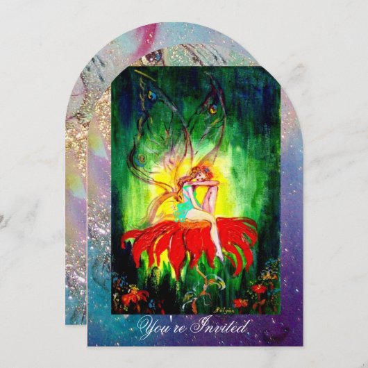 FAIRY DREAMING AUF EINER ROTEN BLUME blau gelb, gr Einladung (Vorne/Hinten)