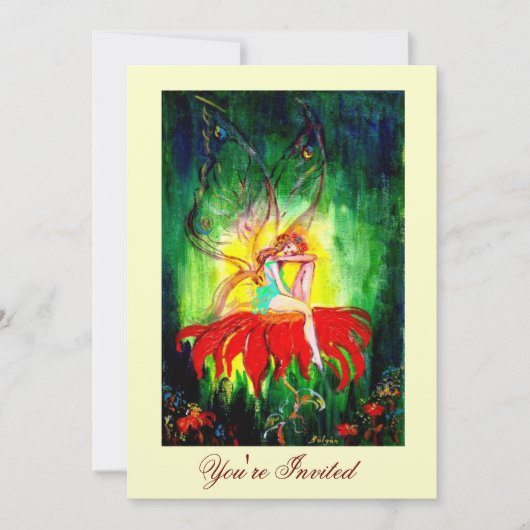 FAIRY DREAMING AUF EINER ROTEN BLUME goldgelb grün Einladung (Vorderseite)
