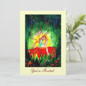 FAIRY DREAMING AUF EINER ROTEN BLUME goldgelb grün Einladung (Stehend Vorderseite)