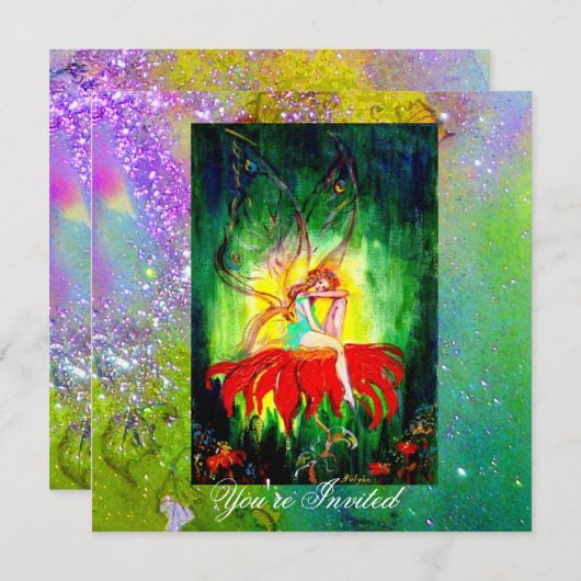 FAIRY DREAMING AUF EINER ROTEN BLUME lila gelb, gr Einladung (Vorne/Hinten)
