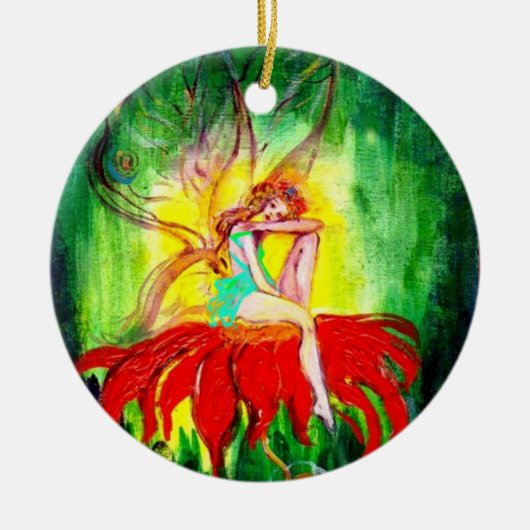 FAIRY DREAMING AUF EINER ROTEN BLUME, VIBRANT RUBY KERAMIKORNAMENT (Vorne)