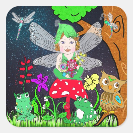 Fairy Elf Girl sitzt auf magischem Pilz Quadratischer Aufkleber (Vorderseite)