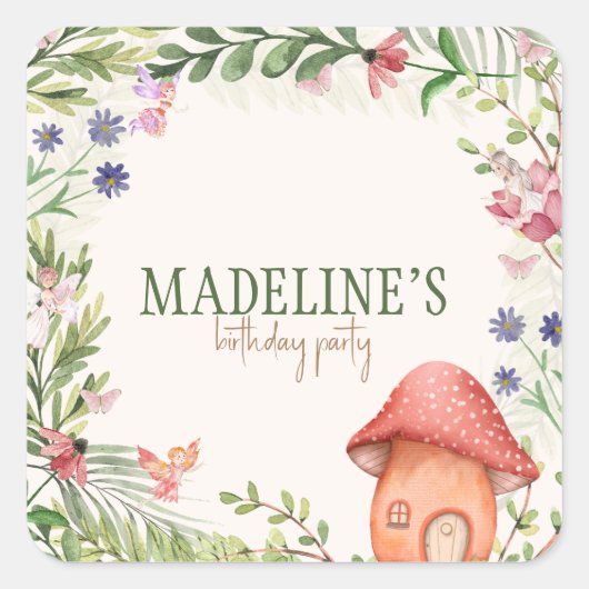 Fairy Enchanted Forest Mushroom Greenery Bloral Quadratischer Aufkleber (Vorderseite)