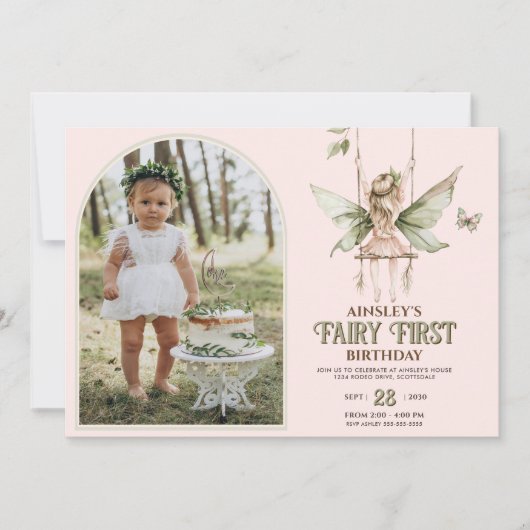 Fairy Erstes Personalisiertes Foto Rosa 1. Geburts Einladung (Vorderseite)