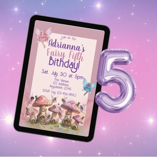 Fairy Fifth, Pink Purple 5th Birthday Einladung