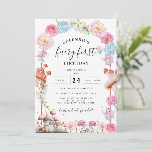 Fairy First Birthday 1. Geburtstag Einladung (Stehend Vorderseite)