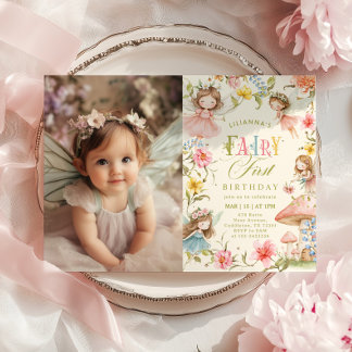 Fairy First Birthday Colorful Enchanted Photo Einladung
