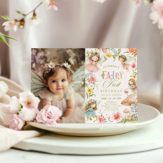 Fairy First Birthday Colorful Enchanted Photo Einladung