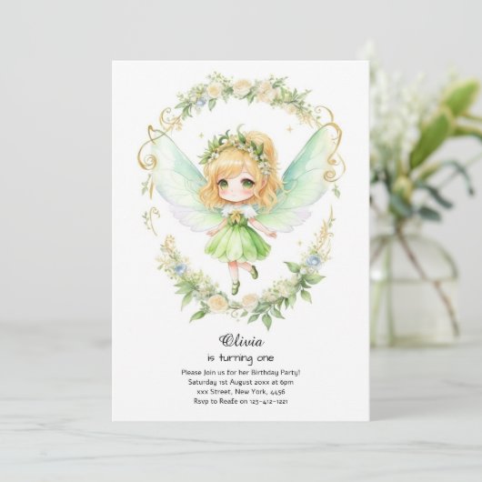 Fairy First Birthday Einladung (Stehend Vorderseite)