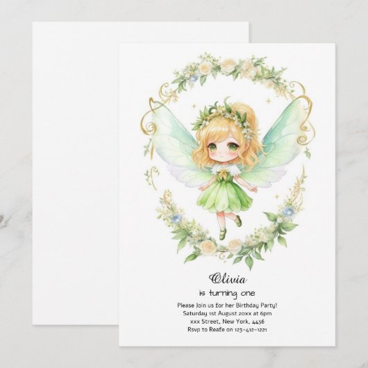Fairy First Birthday Einladung (Vorne/Hinten)