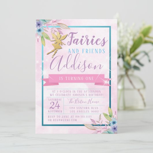 Fairy First Birthday Einladung (Stehend Vorderseite)